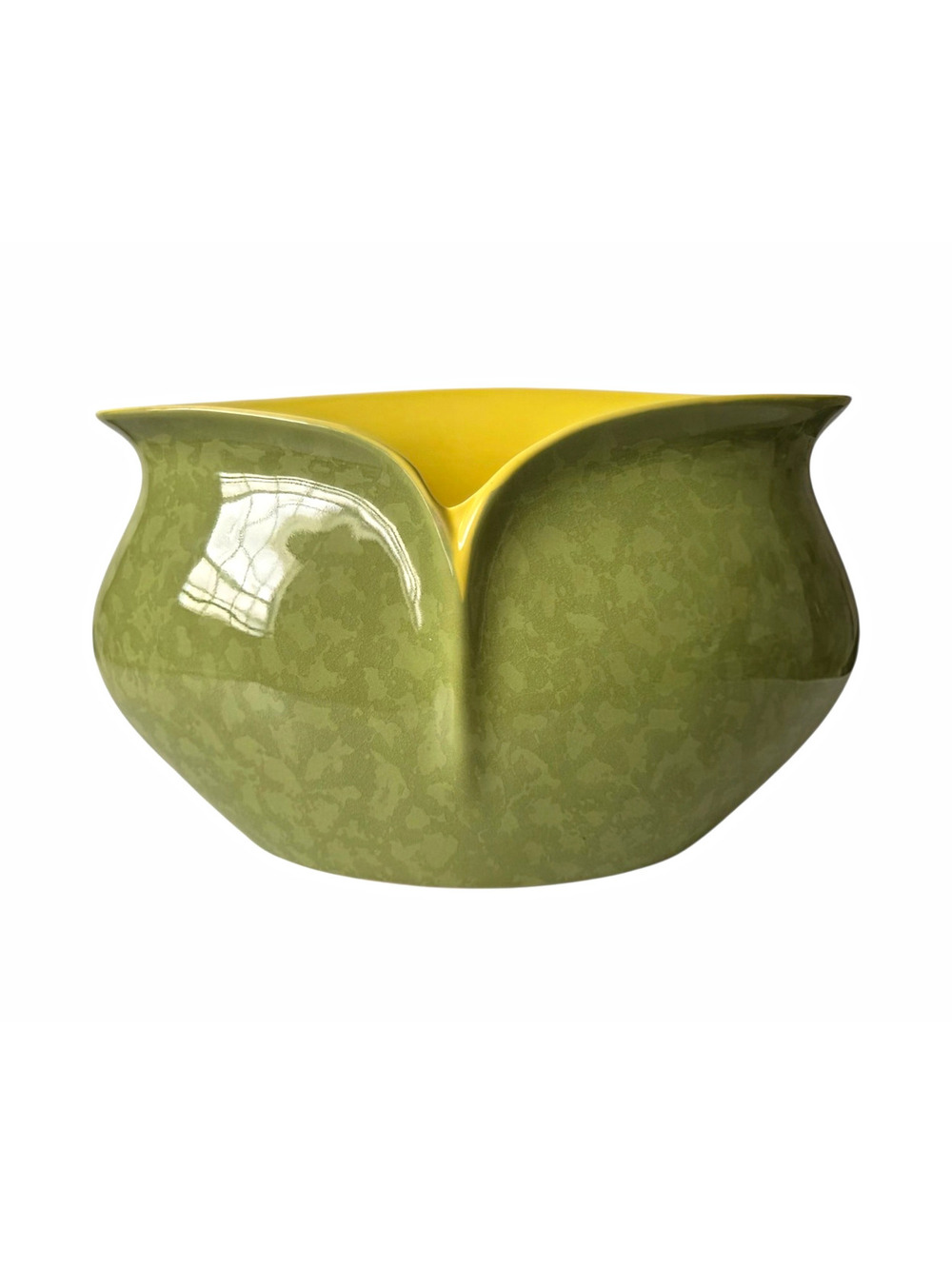 Green Yellow Ceramic Decorative Bowl Curled Folded Rim Glossy Abstract 10.75”